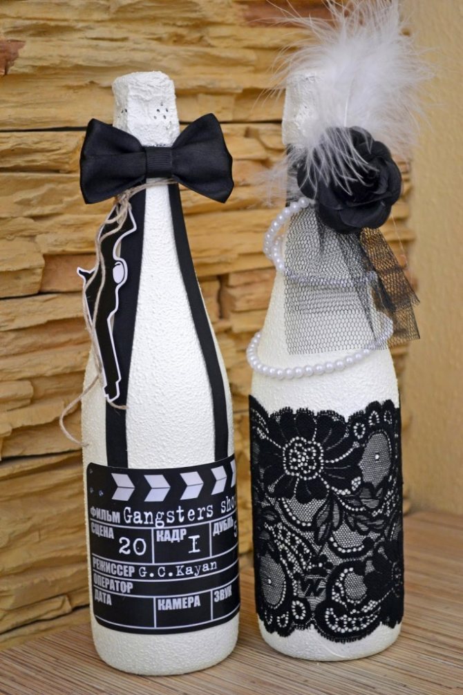 Необычные бутылки по технике декупаж в стиле жениха и невесты