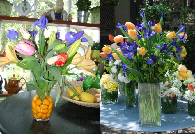 Весенние букеты из тюльпанов и ирисов